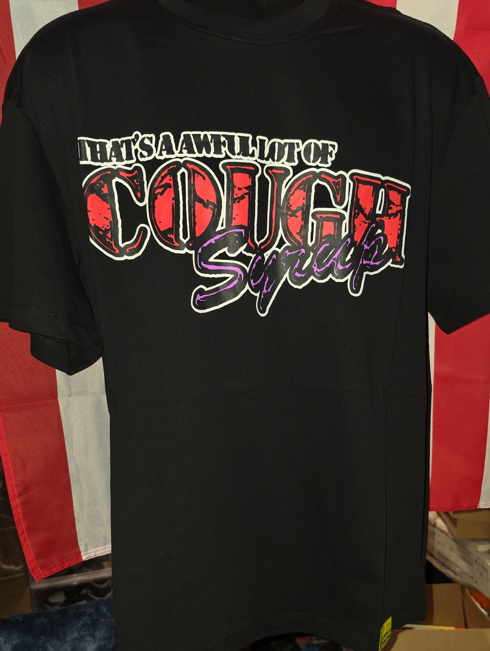 Black Short-Sleeve Graphic Tee with Red and Purple Script